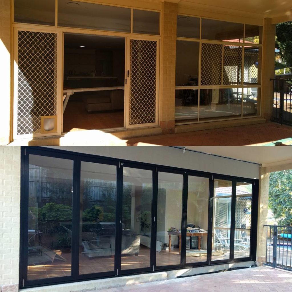 Before and after photos of existing sliding door and window and seven panel black aluminium bifold doors