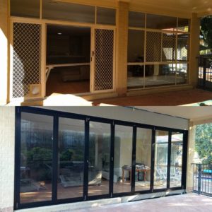 Before and after photos of existing sliding door and window and seven panel black aluminium bifold doors