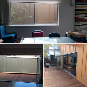 Before and after photos at North Stradbroke Island showing existing sliding window before and installed four panel clear anodised bifold doors